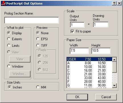 PostScript Out Options Dialogue Box