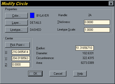 Modify Circle Dialogue Box