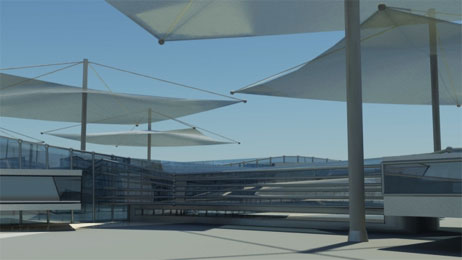 Rendered architectural scene with shade sails