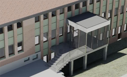 Arial view of building entrance with steps